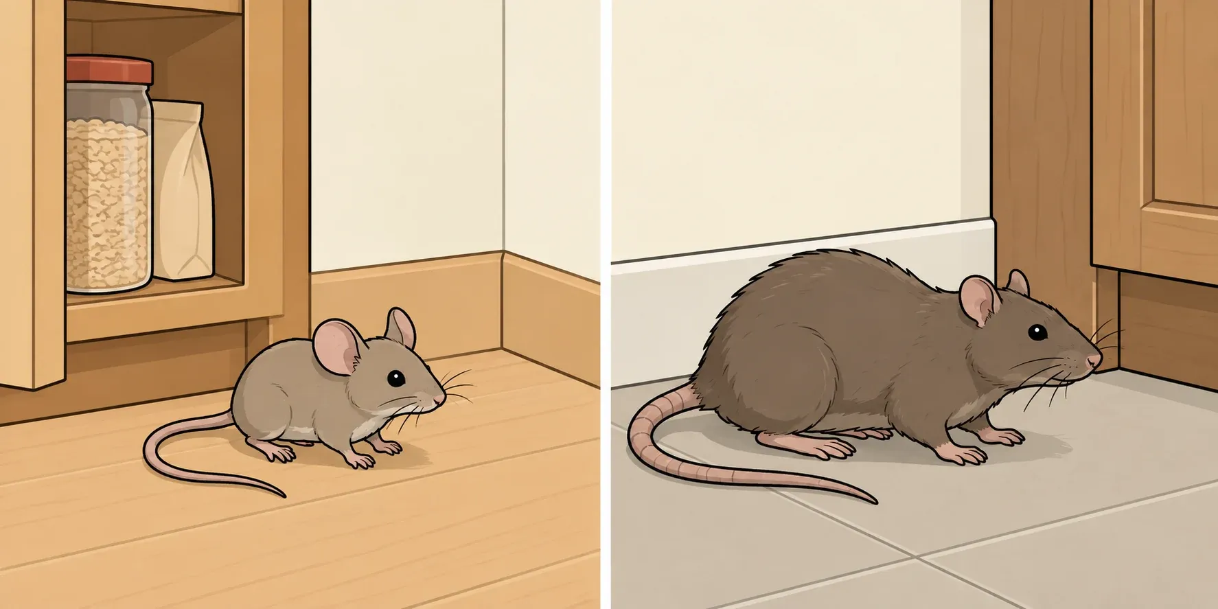 A small house mouse in a pantry and a larger rat beside a wall, shown in separate scenes