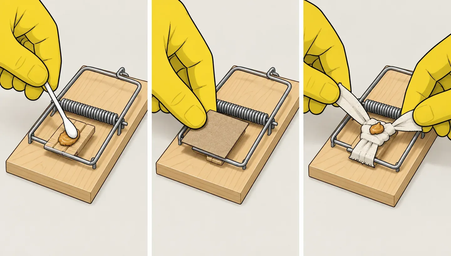 Gloved hands show three trigger fixes: a small dab of bait, a cardboard square and a tied-on scrap of cloth