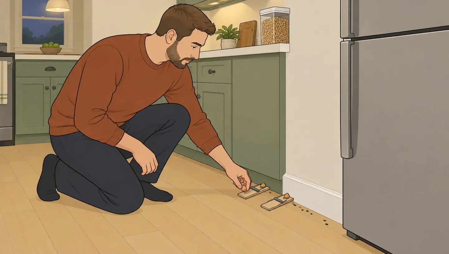 A man in a rust-colored sweater sets two snap traps against a kitchen baseboard beside mouse droppings