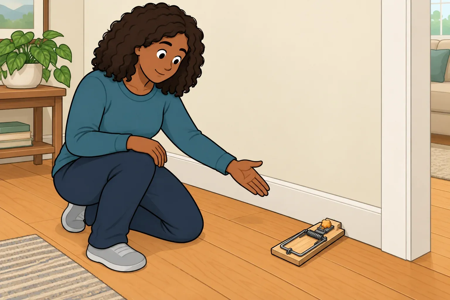 A woman gestures toward a wooden snap trap placed perpendicular to a wall, with its baited end beside the baseboard