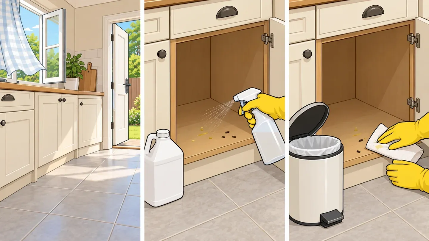 Three panels: a kitchen window and door propped open, a gloved hand spraying small urine spots on a cabinet floor until wet, and a gloved hand wiping them up with paper towels