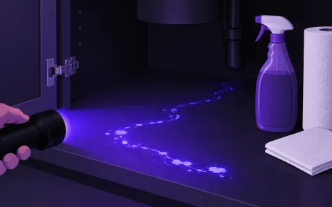 Illustration: uV flashlight beam making faint glowing urine trails visible on the floor of a dark cabinet, a spray bottle of enzyme cleaner and paper towels beside it.
