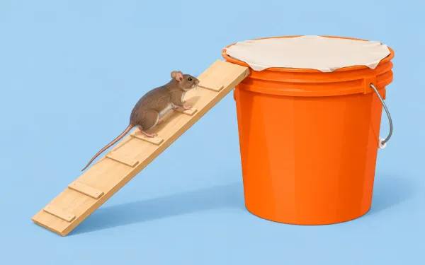 Illustration: five-gallon bucket trap with a ramp leading up to a paper false floor stretched over the opening, a mouse walking up the ramp.