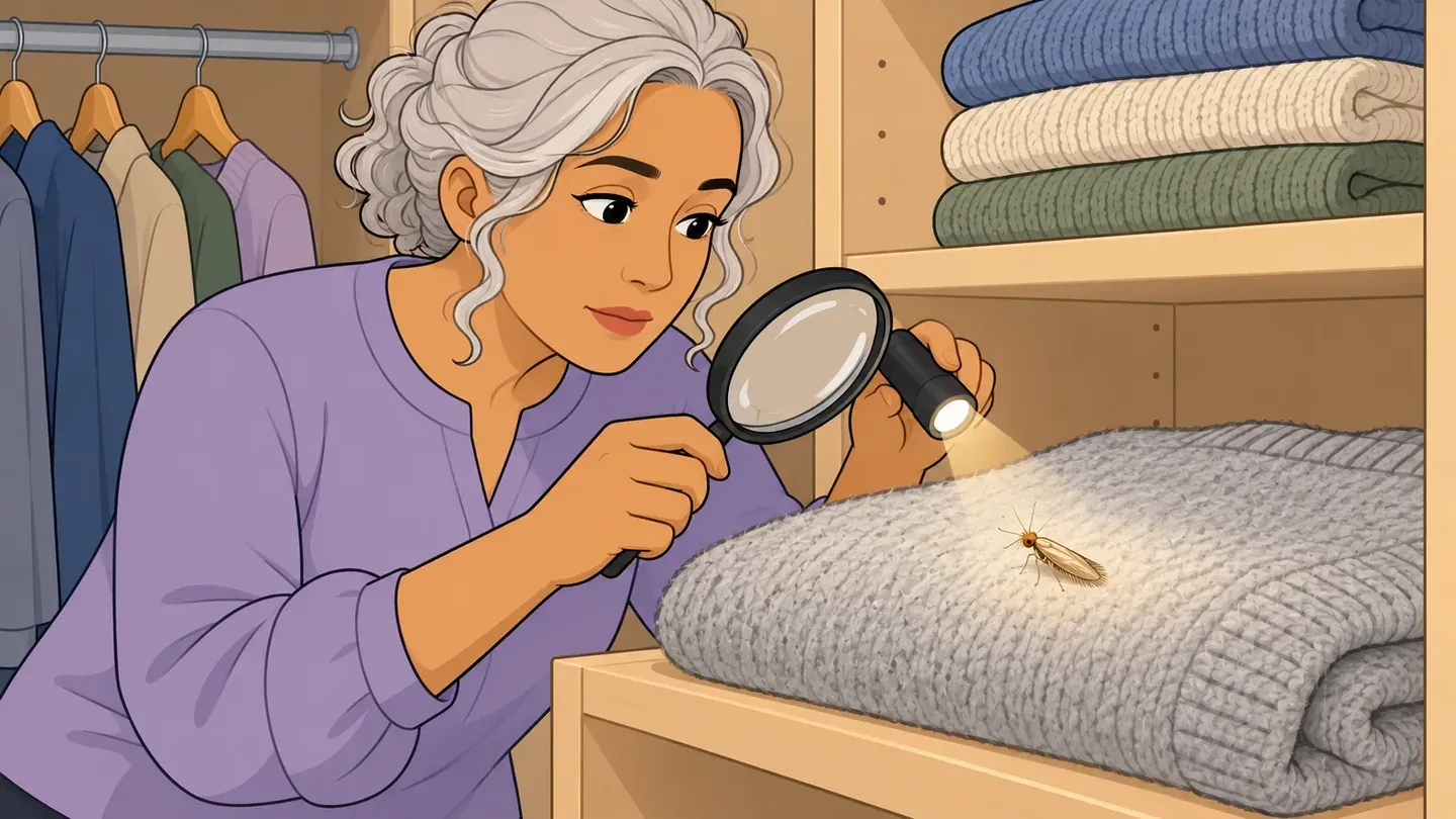 A woman with silver hair uses a hand lens to check a small gold moth resting on a folded wool sweater in a closet