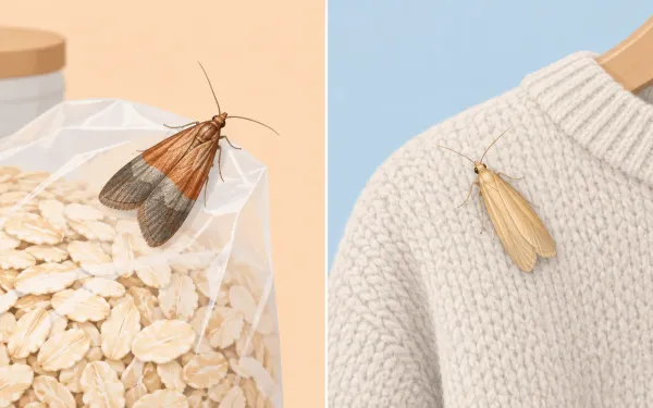 Illustration: split comparison: left, a pantry moth with two-tone copper and gray wings on a bag of oats; right, a plain golden clothes moth on a wool sweater; a thin dividing line.