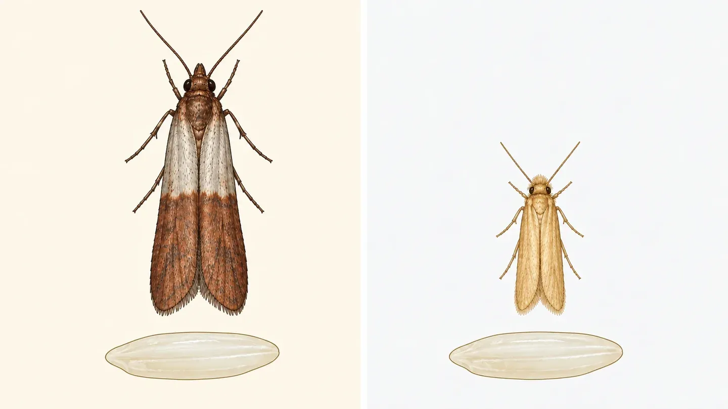 Side by side at the same scale: a resting Indian meal moth with gray and copper wings, and a smaller plain gold webbing clothes moth, each next to a grain of rice