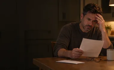 A homeowner at a kitchen table at night, rubbing his forehead and frowning at a pest control invoice.