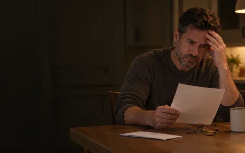 A homeowner at a kitchen table at night, rubbing his forehead and frowning at a pest control invoice.