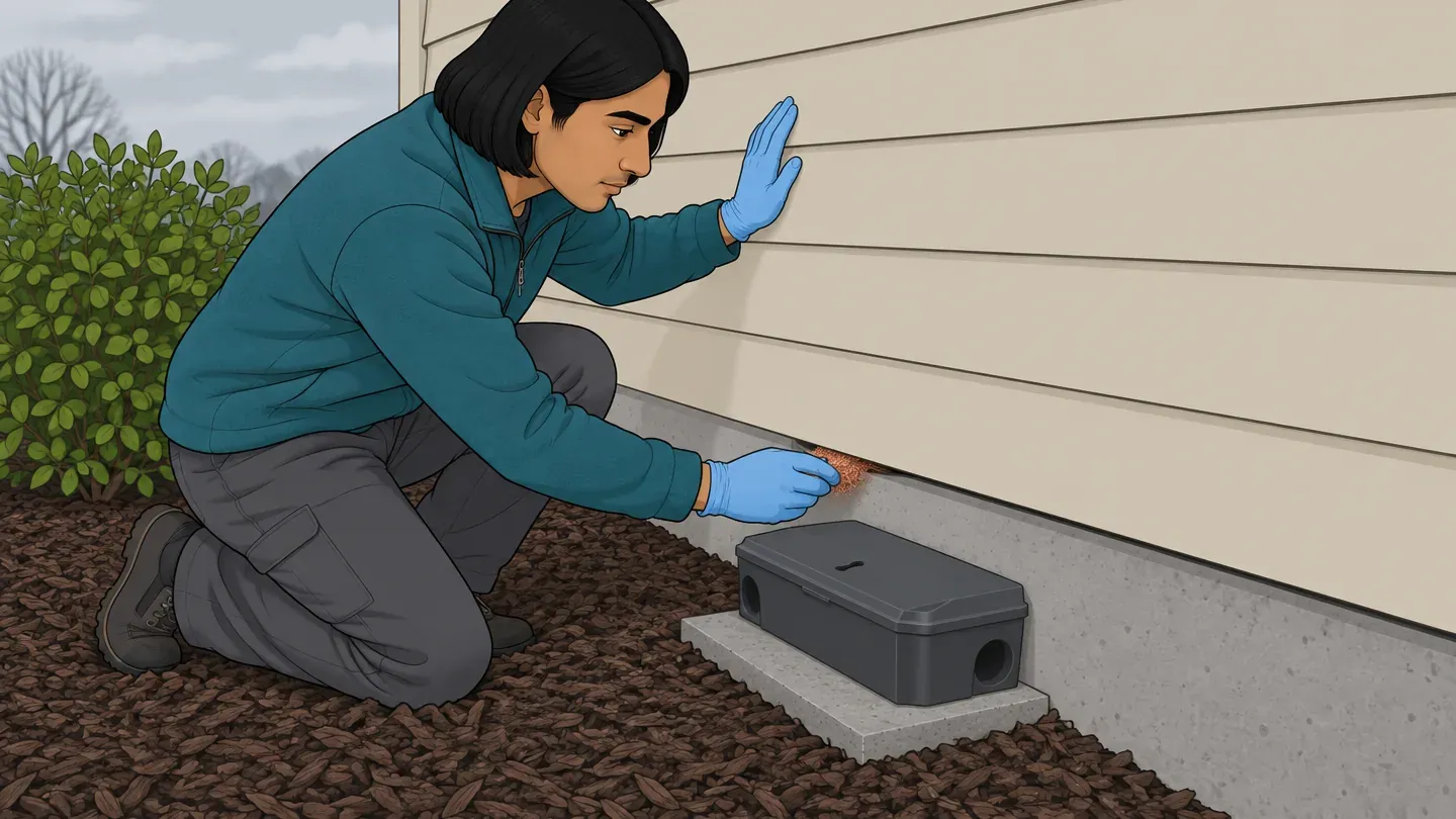 A man in a teal fleece kneels beside a locked bait station at a house foundation and presses copper mesh into a gap under the siding