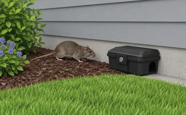 Illustration: black tamper-resistant rat bait station locked and placed against an outside house wall next to a garden bed, a rat approaching along the foundation.