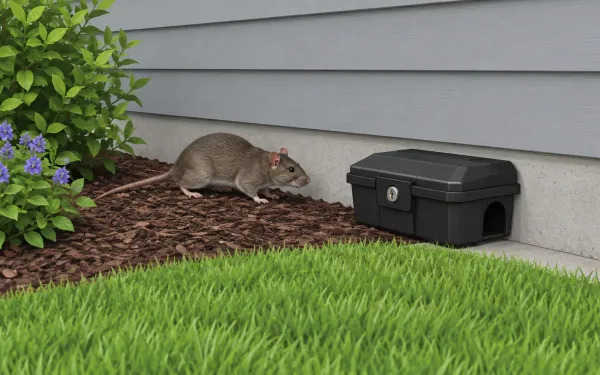 Illustration: black tamper-resistant rat bait station locked and placed against an outside house wall next to a garden bed, a rat approaching along the foundation.