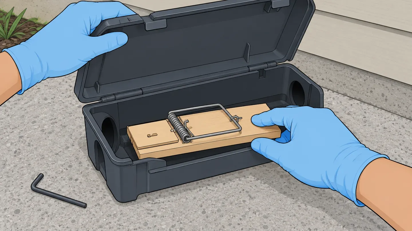 Gloved hands open a locking plastic station on a patio and set a wooden rat snap trap inside it