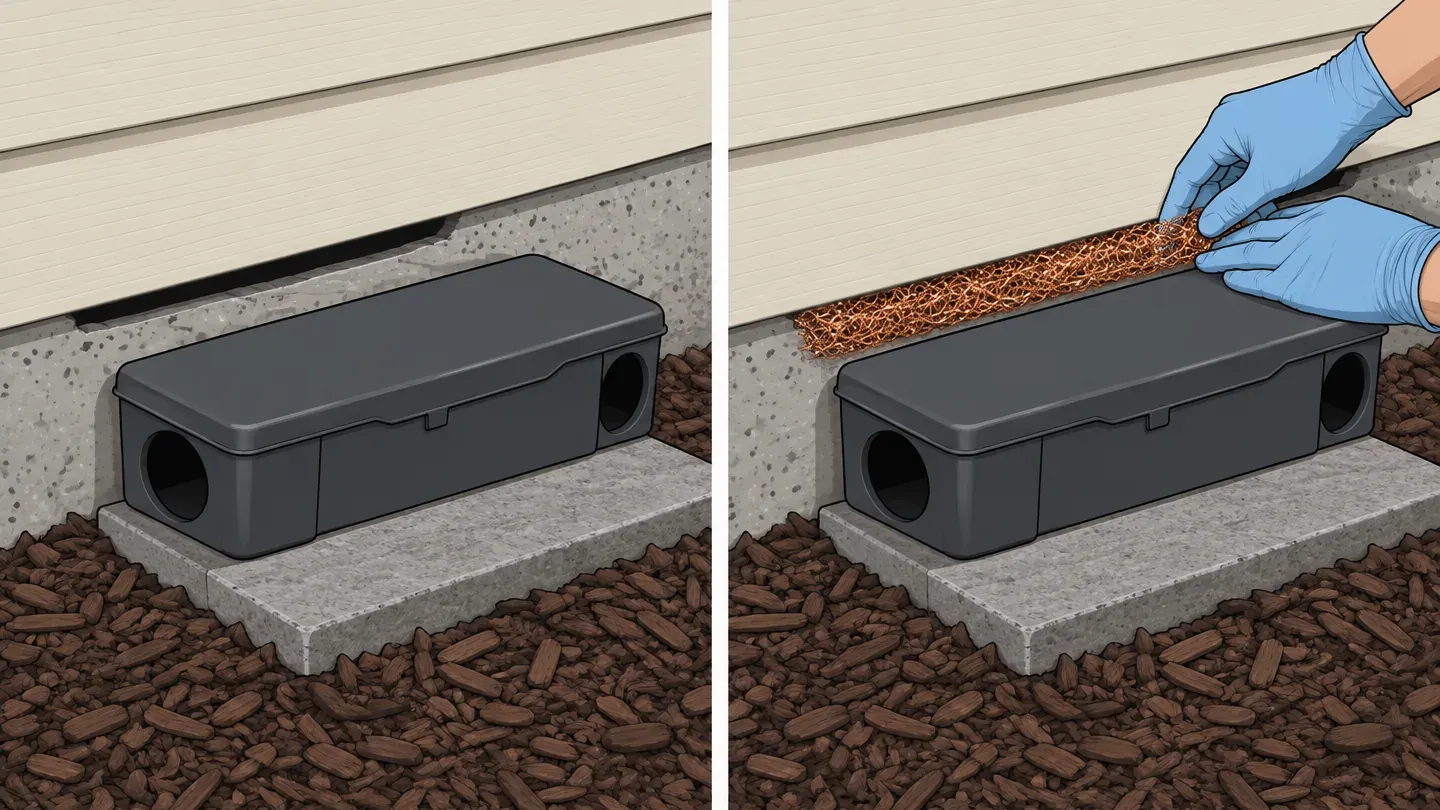 Two panels: a bait station beside an open foundation gap, then gloved hands packing the gap with copper mesh
