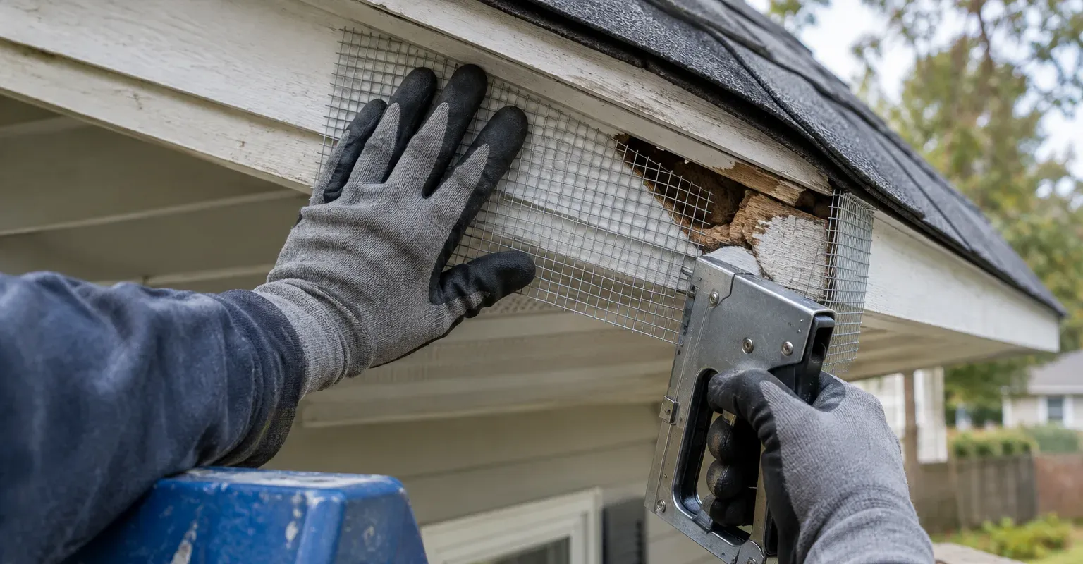 A gloved hand presses galvanized wire mesh over a chewed gap at the eaves while the other hand holds a staple gun