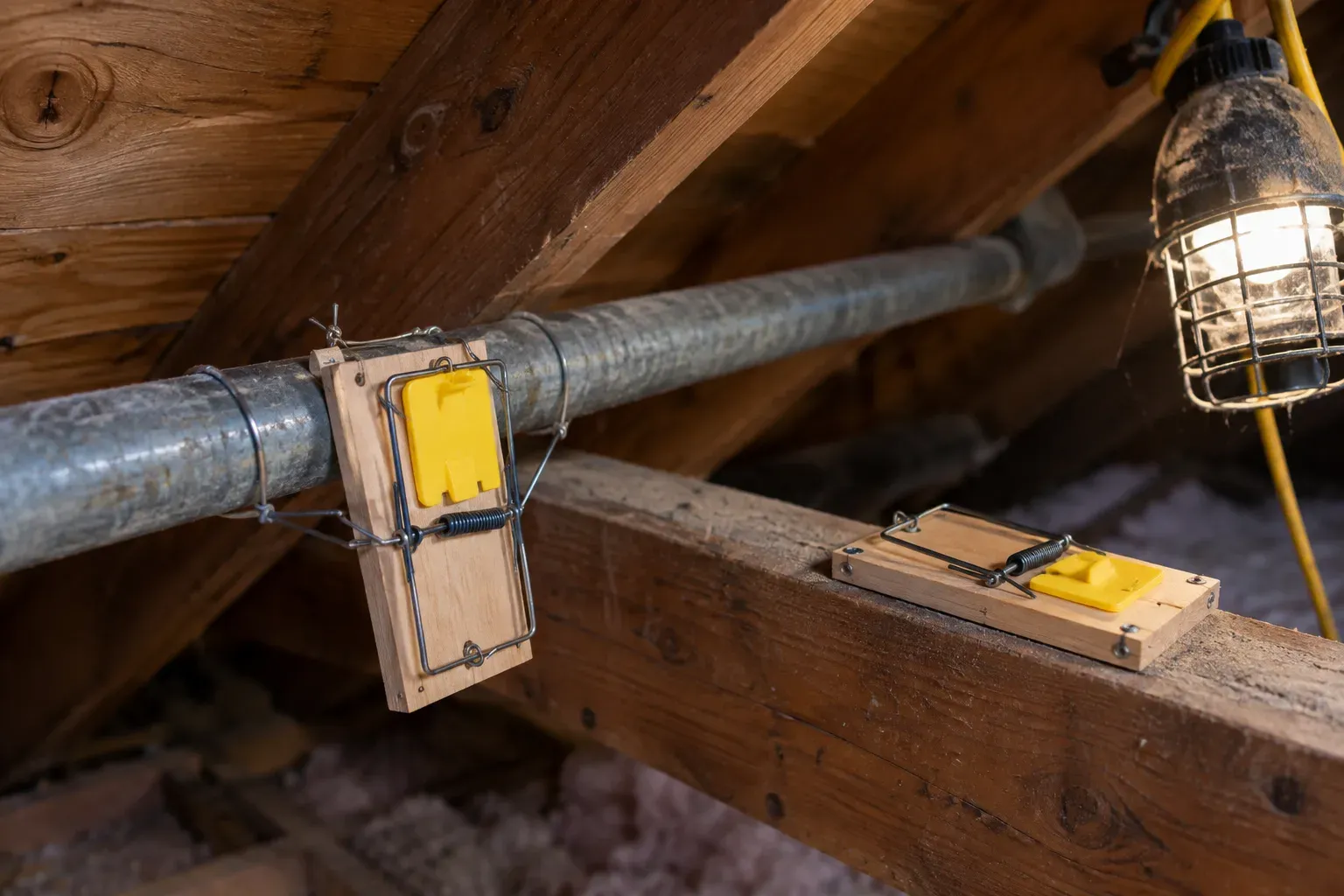 A rat-size snap trap wired to a metal pipe that runs along the attic rafters, with a second trap fastened to a beam beside it