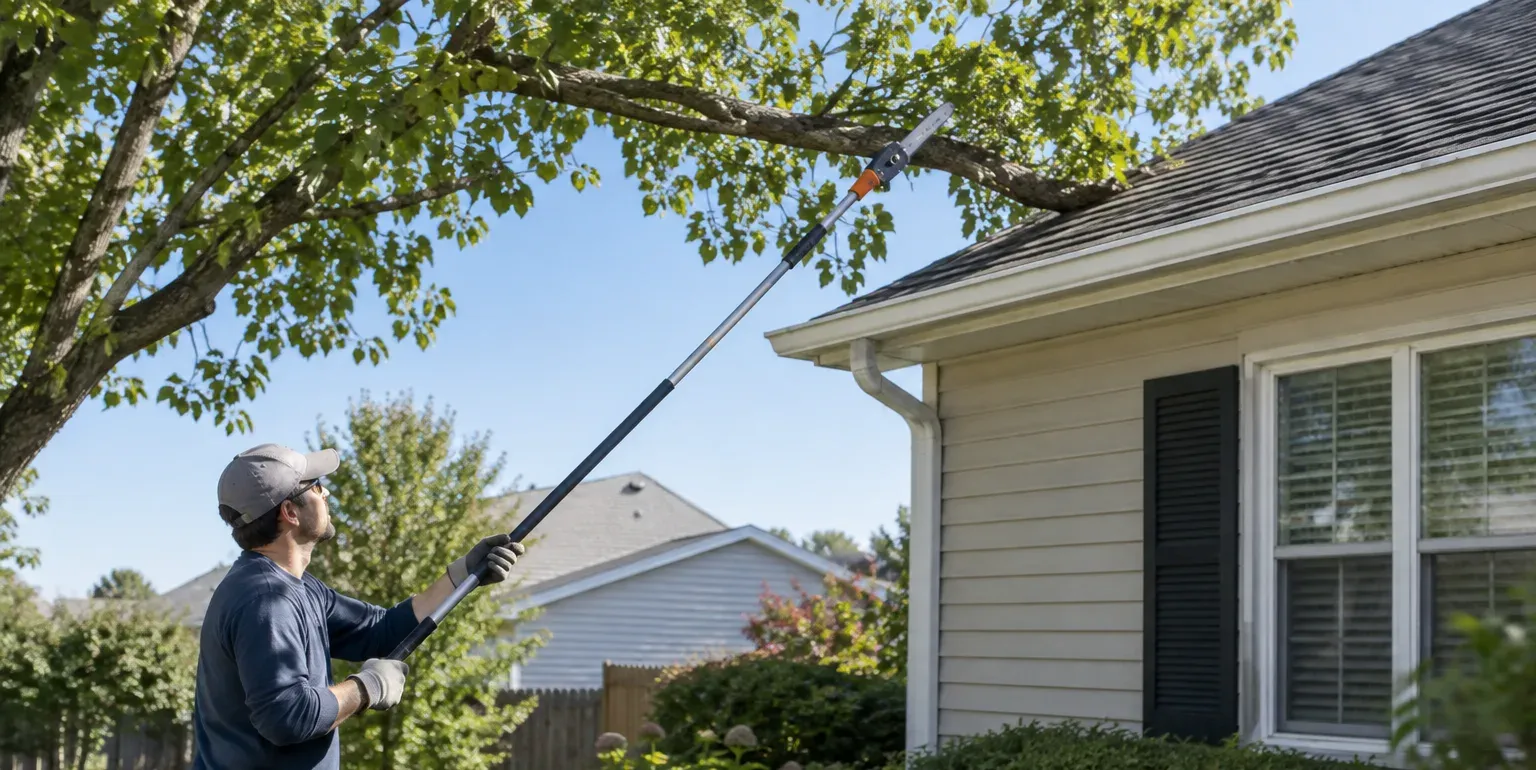 A person on the ground uses a long pole saw to cut back a tree limb hanging over the edge of a house roof