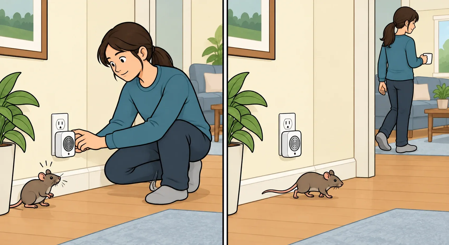 Two panels show an adult woman plugging in an ultrasonic device, then walking away as a mouse moves along the baseboard