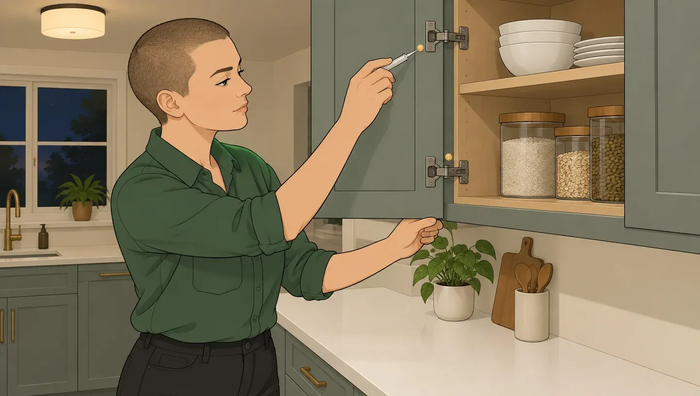 A woman with a buzz cut in a green work shirt dabs roach gel bait into the hinge gap of an open kitchen cabinet