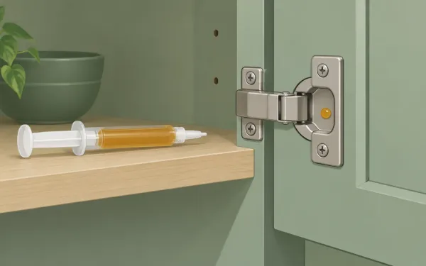 Illustration: gel bait syringe resting on a cabinet shelf edge, with a single pea-sized dot of amber gel placed on the inside of a door hinge.