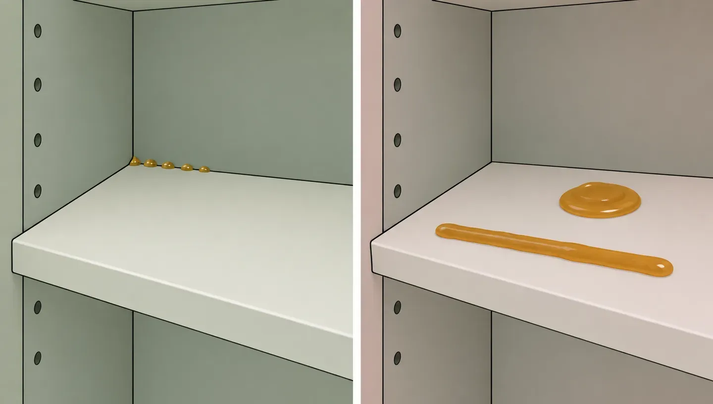 Two panels: many small pea-sized gel bait dots in a cabinet corner crack, and a big glob and long line of gel in the open middle of a shelf
