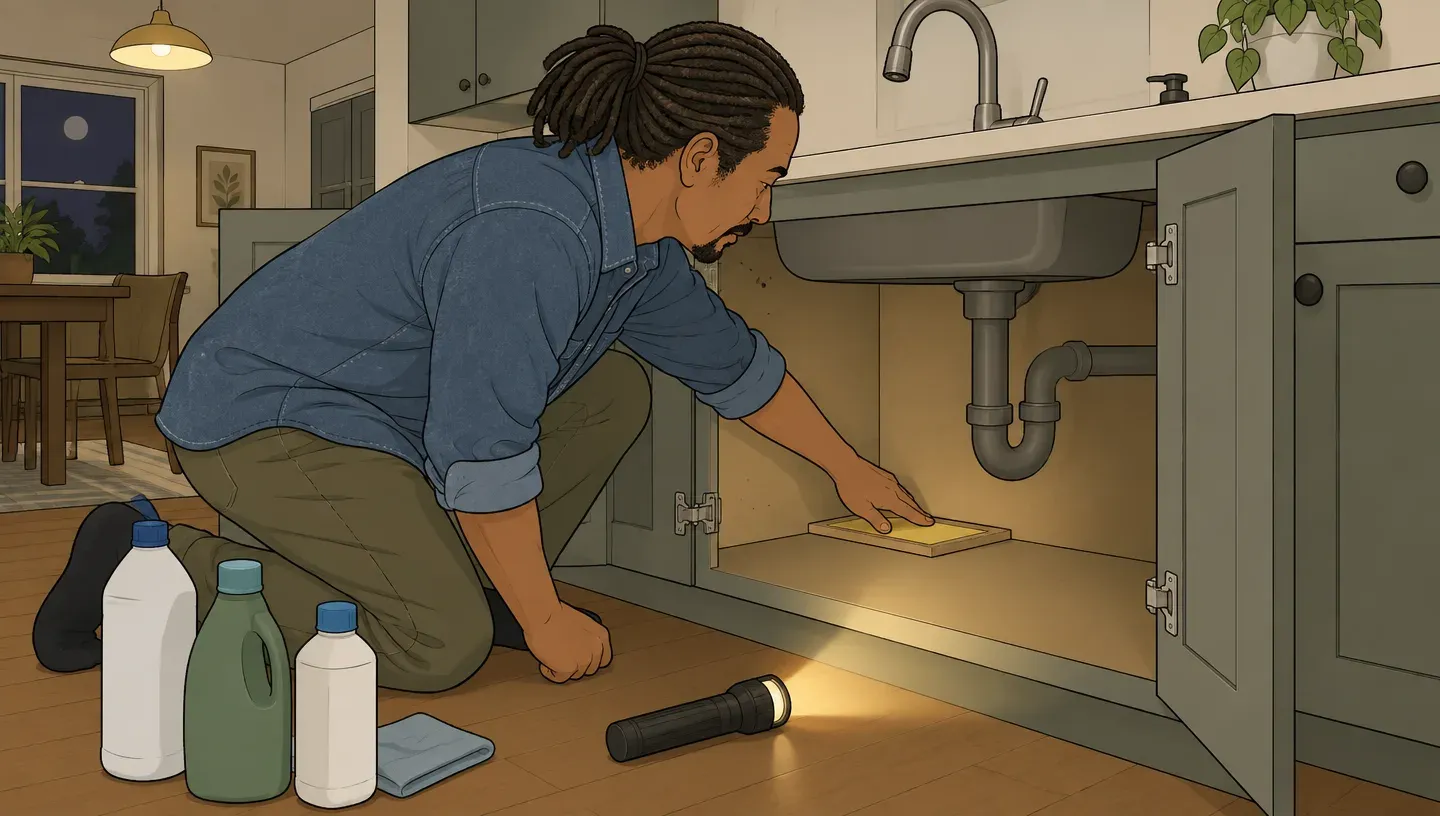 A man in a denim shirt presses a flat sticky roach trap against the back wall of the cabinet under a kitchen sink