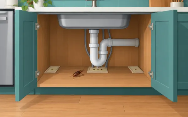 Illustration: cutaway of a kitchen with the cabinet under the sink opened, three small flat sticky traps placed along the back corners and beside the pipes, one German cockroach heading toward one.