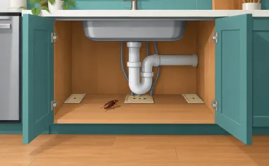 Illustration: cutaway of a kitchen with the cabinet under the sink opened, three small flat sticky traps placed along the back corners and beside the pipes, one German cockroach heading toward one.