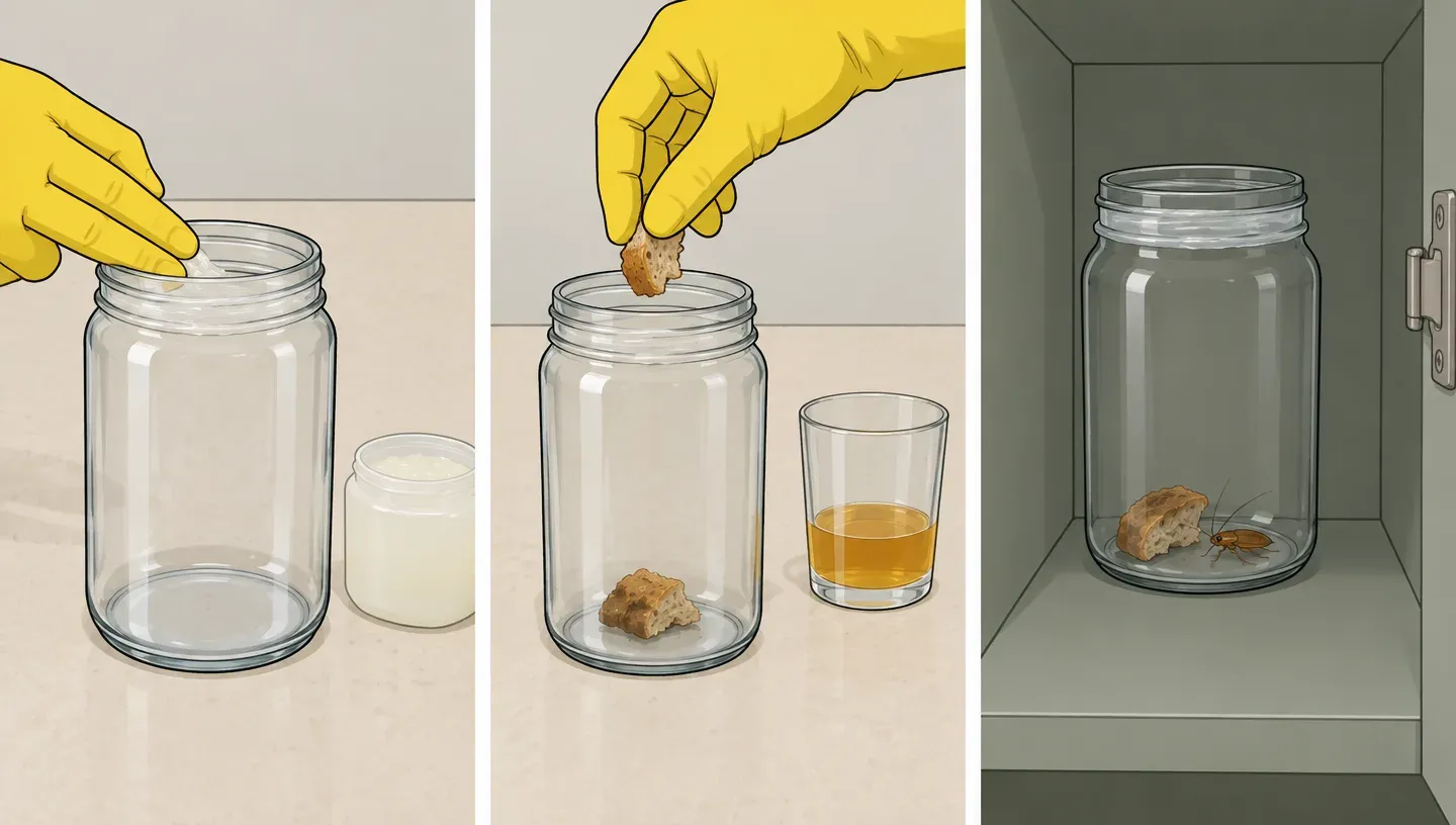 Three panels: gloved hands smear petroleum jelly inside a jar rim, drop in beer-soaked bread, and the jar standing against a cabinet wall
