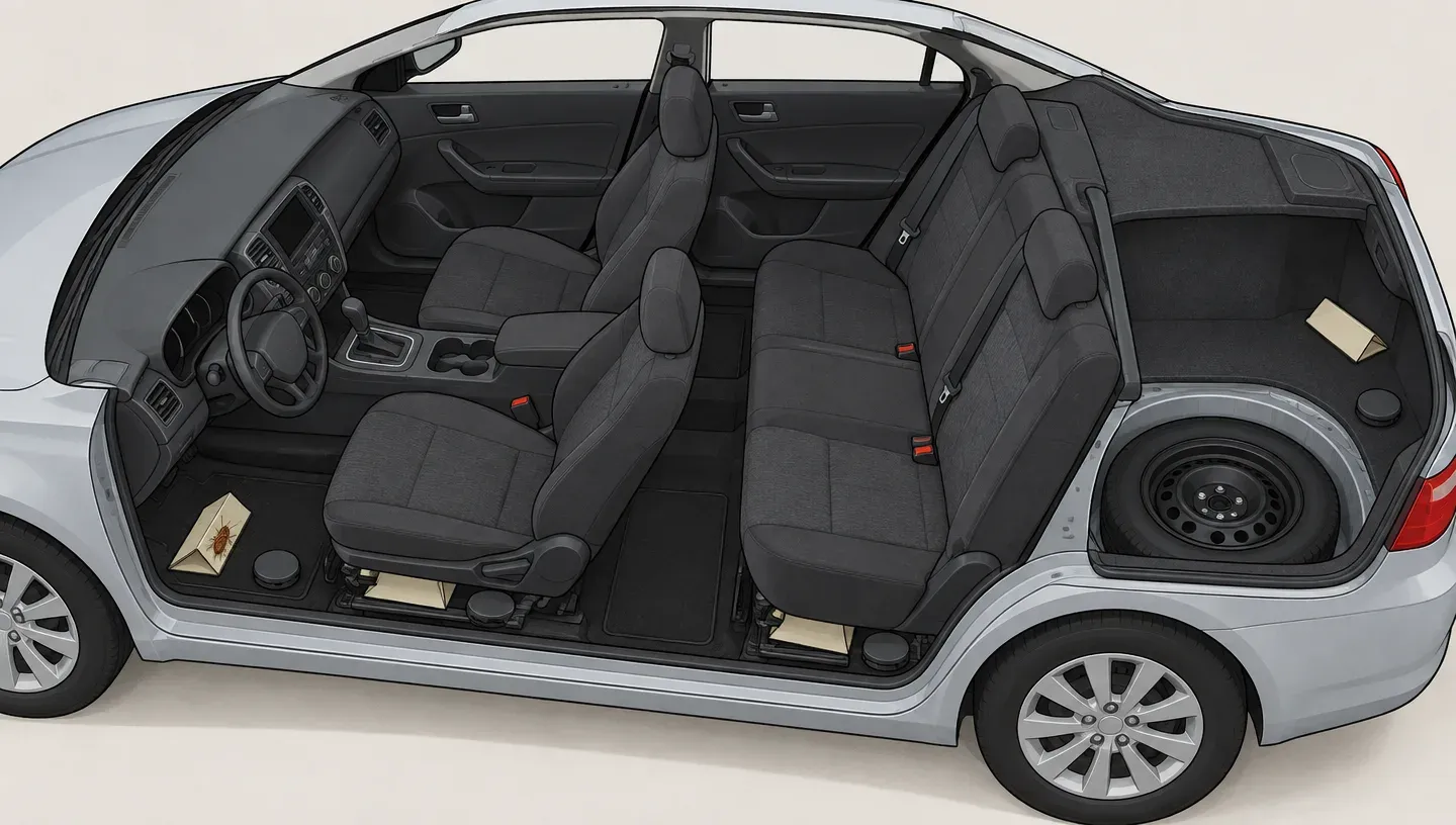 A cutaway car interior with sticky traps under the front seats and in the trunk corner, and bait stations along the seat tracks