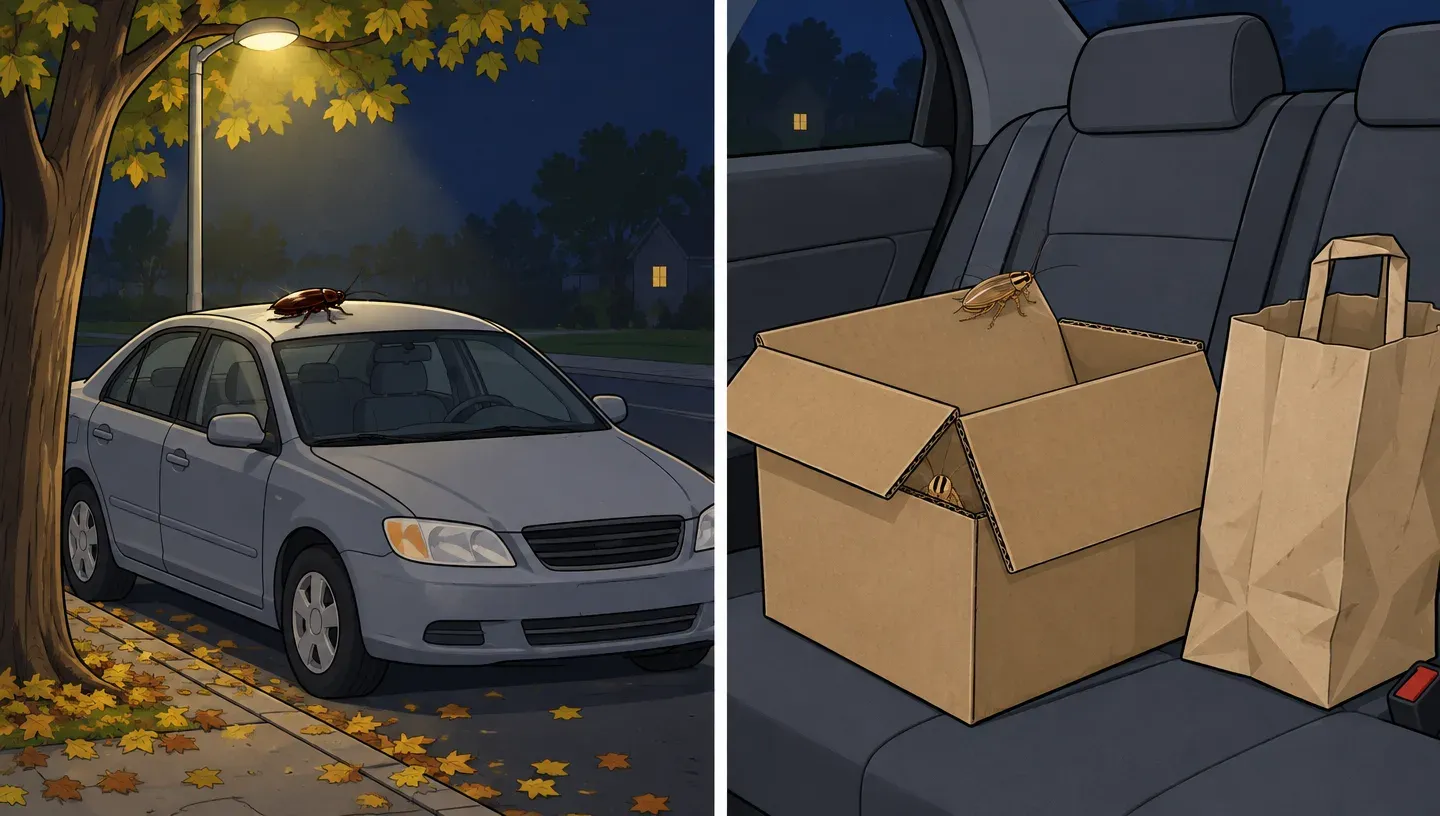 Two panels: a large dark roach on a car roof at night under a tree near a streetlight, and a small light-brown roach on the edge of a cardboard box on a back seat