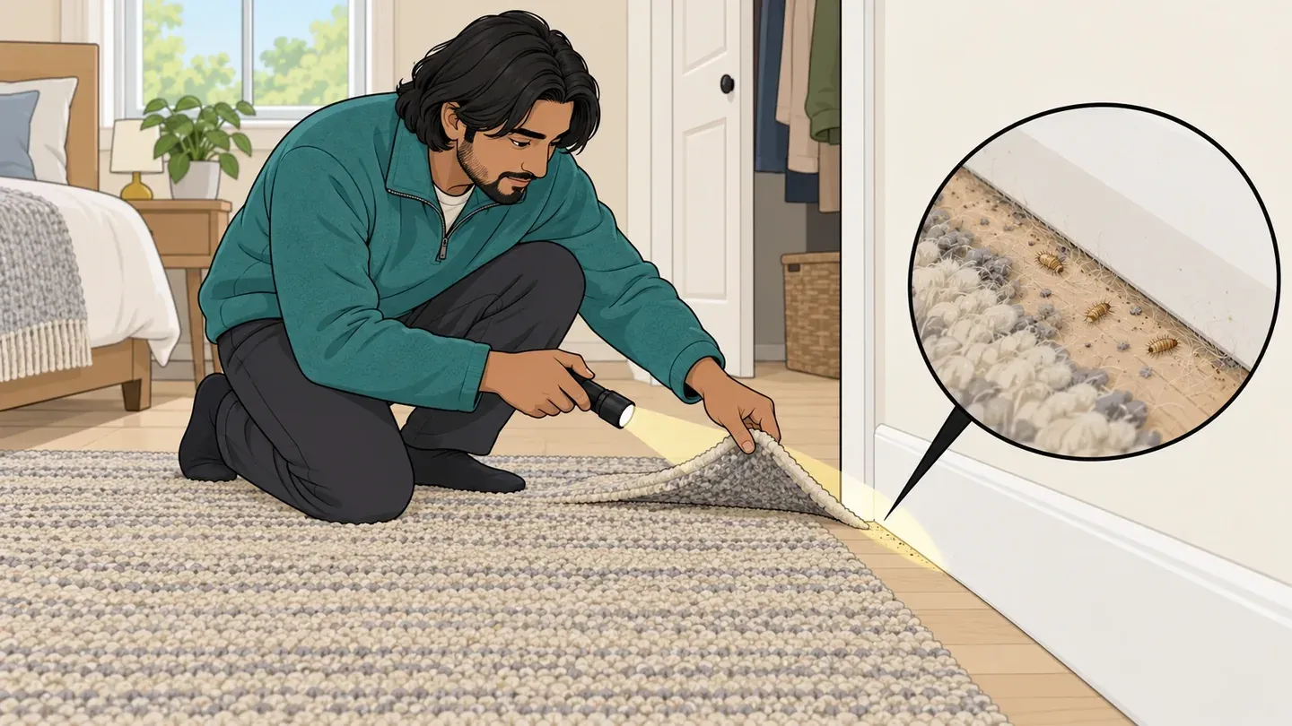 A man in a teal fleece lifts the corner of a wool rug with a flashlight and finds shed skins along the baseboard