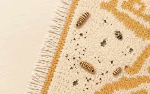Illustration: top-down close view of evidence of carpet beetles on a rug edge: hollow bristly shed larval skins, small irregular holes in wool, tiny droppings, one small spotted beetle.