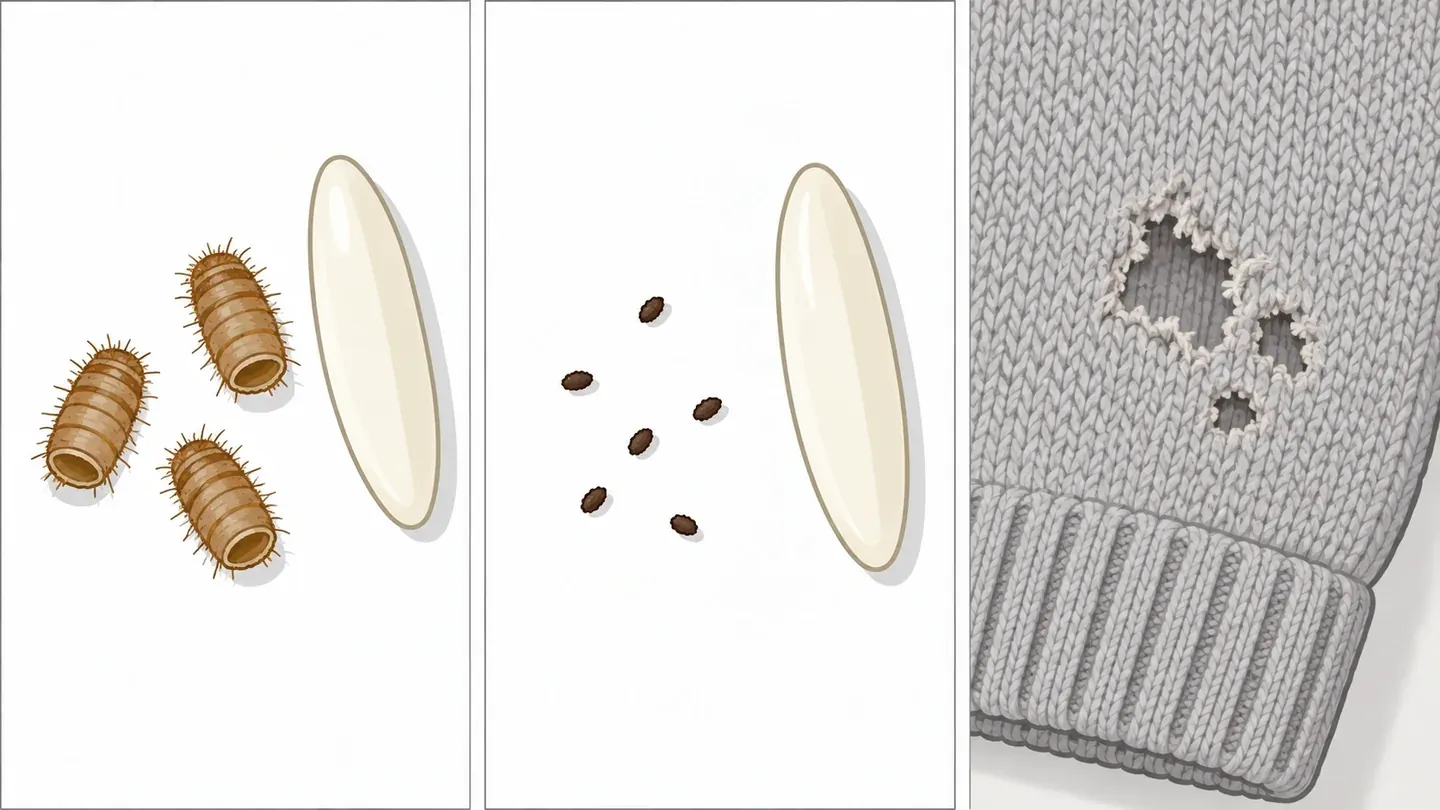 Three panels: bristly brown carpet beetle shells beside a grain of rice, salt-sized droppings on white paper, and a bare patch in a wool sweater