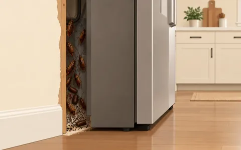 Illustration: cutaway of a kitchen wall behind a refrigerator, revealing a hidden cluster of cockroaches, egg cases and pepper-like droppings in the gap, the kitchen calm and clean in front.