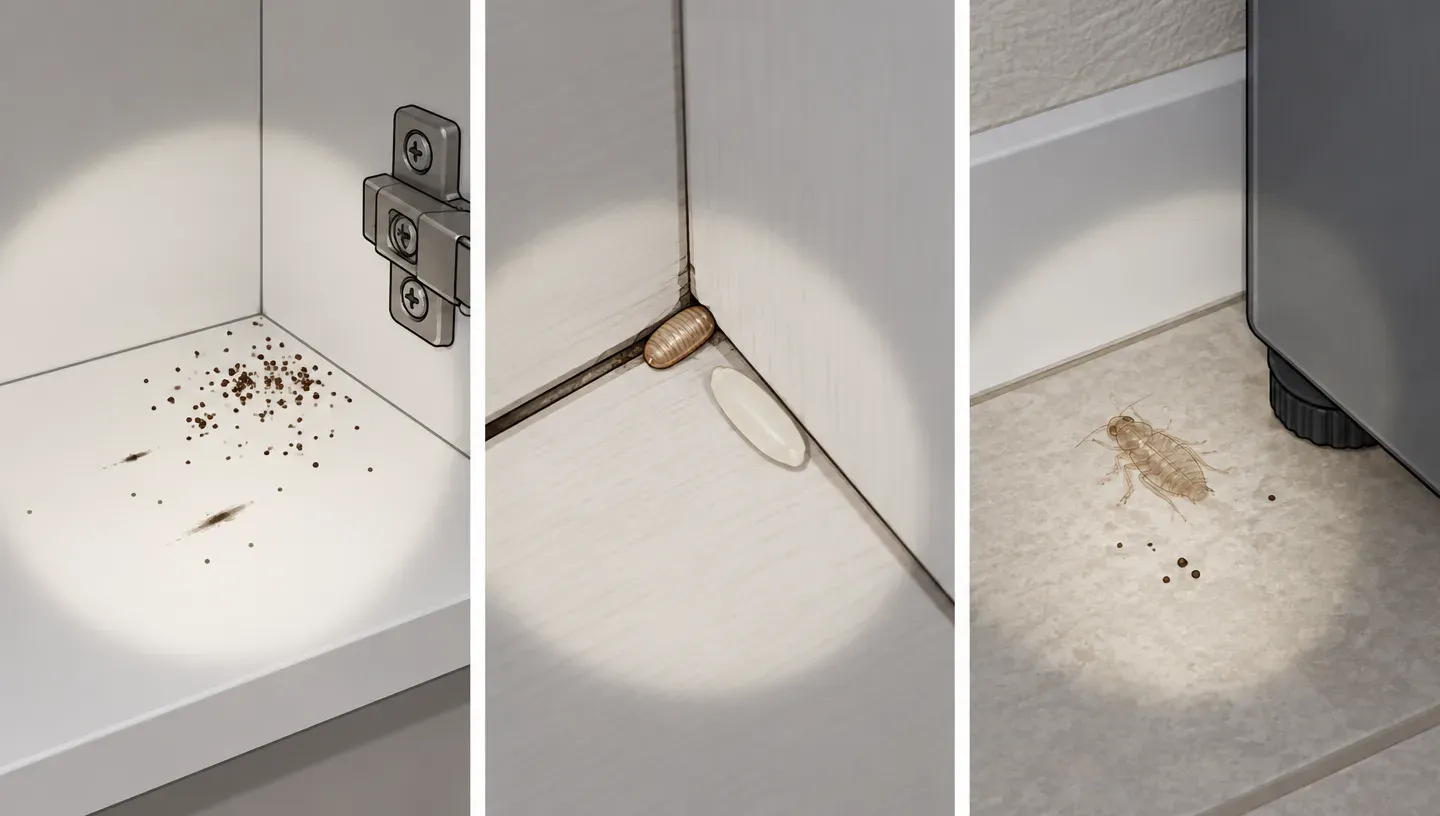 Three panels: pepper-like roach droppings along a cabinet hinge, a small light-brown egg case in a crack, and a pale shed skin behind a fridge