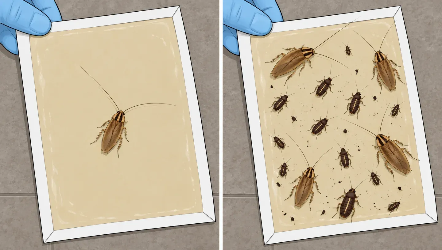 Two panels: a sticky trap with one adult roach, and a sticky trap with adults and nymphs of several sizes