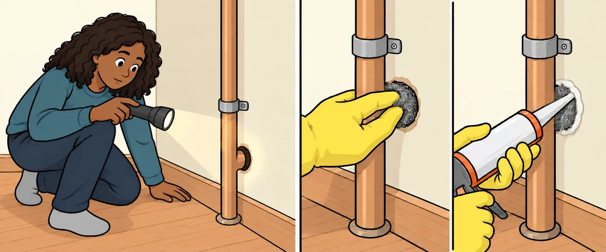 A woman inspects a gap around a pipe, followed by gloved hands adding steel wool and sealant