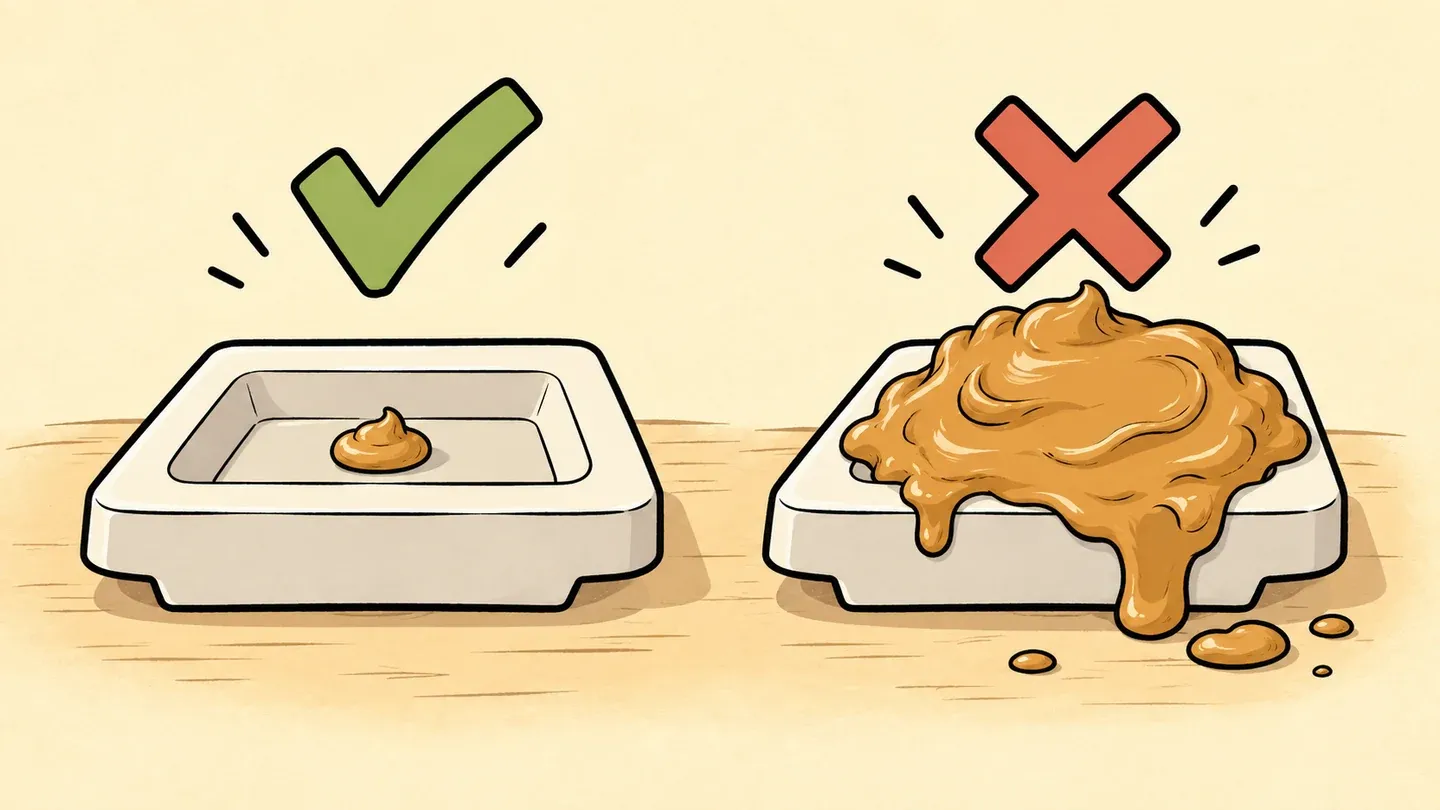 Illustration comparing a small amount of bait in a tray with an oversized amount that covers and spills over it