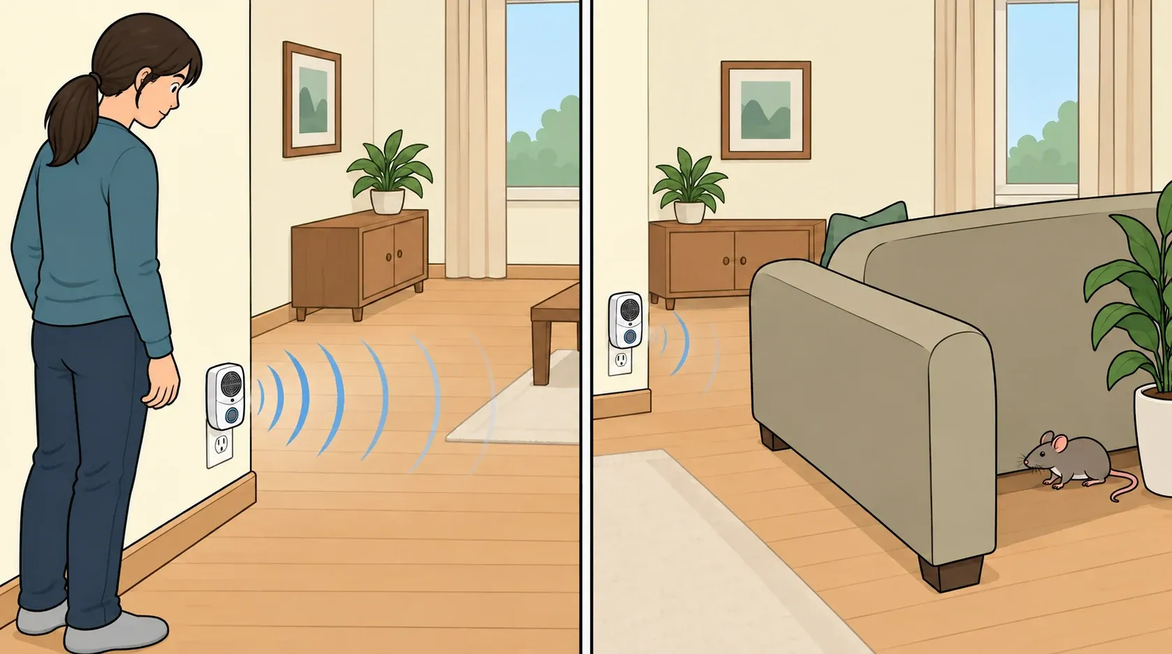 An adult woman stands beside a plug-in device emitting sound arcs across an open room; the adjoining panel shows a mouse behind a couch
