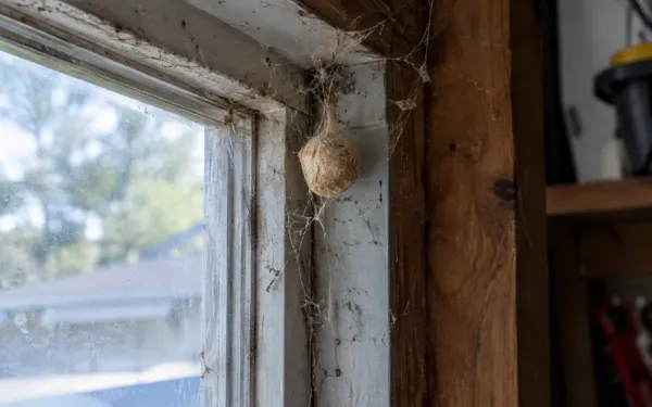 Illustration: a small round tan silk spider egg sac hanging in a cobweb in the corner of a garage window frame.