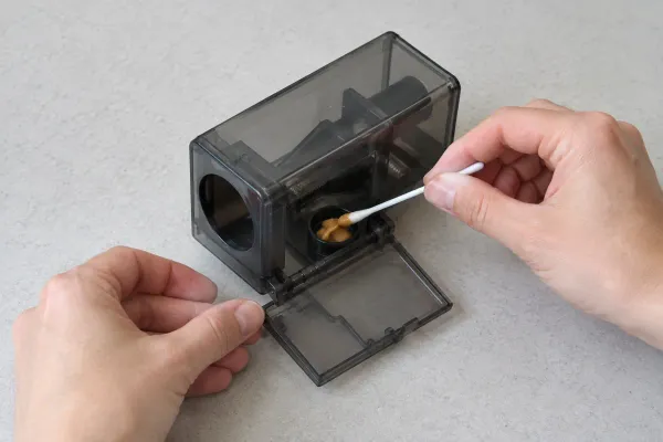 A cotton swab putting peanut butter in the bait cup through the open bottom hatch of an enclosed plastic trap