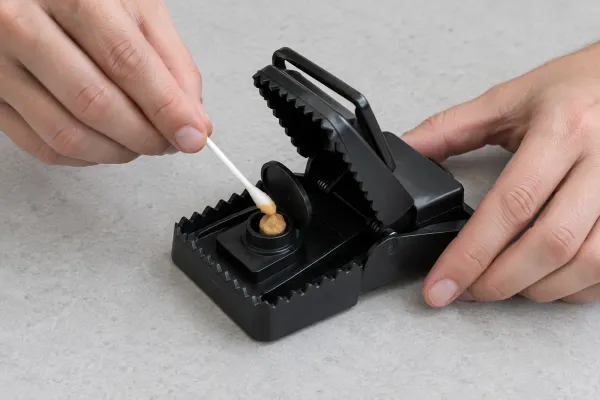 A cotton swab pressing peanut butter into the bait cup of a black plastic snap trap
