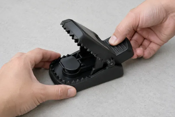 A thumb pressing down the back of a plastic snap trap so the jaws open and lock