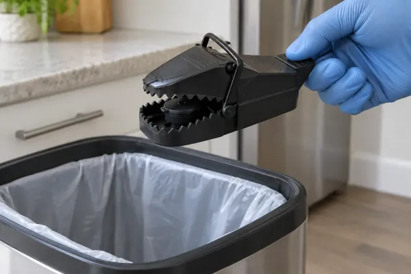 A gloved hand holding a closed plastic snap trap over a kitchen trash can