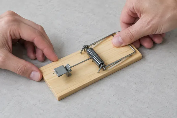 A thumb holding the U-shaped kill bar of a wooden trap down against the board