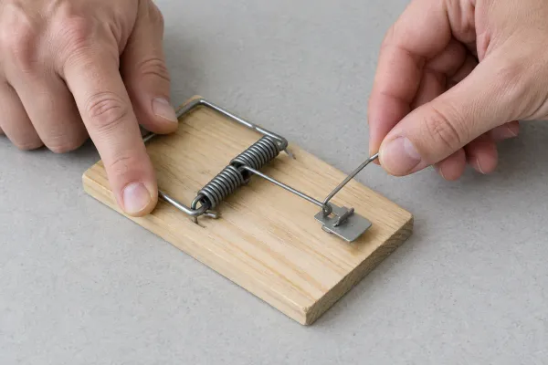 Fingers hooking the tip of the arm bar under the catch on the pedal of a wooden trap