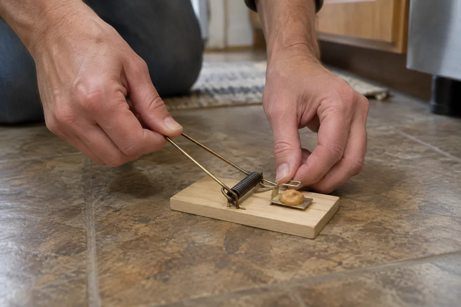 Two hands re-set a wooden snap trap on a kitchen floor, pulling back the bar with thumbs clear, a dab of peanut butter on the pedal