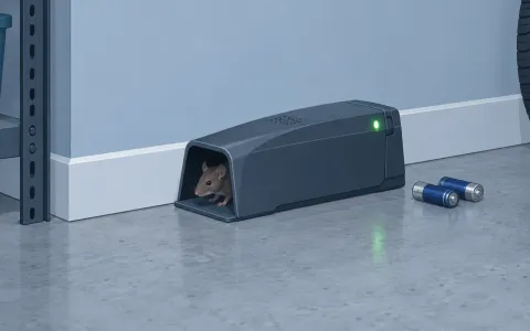 Illustration: modern battery-powered electronic mouse trap with an indicator light glowing green on a garage floor along the wall, batteries next to it.