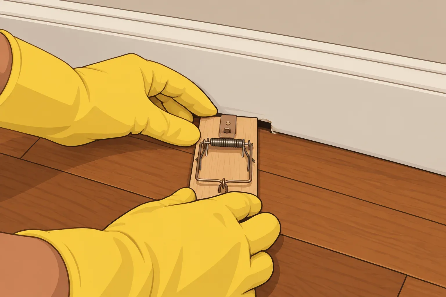 Gloved hands setting a wooden snap trap against a baseboard at home