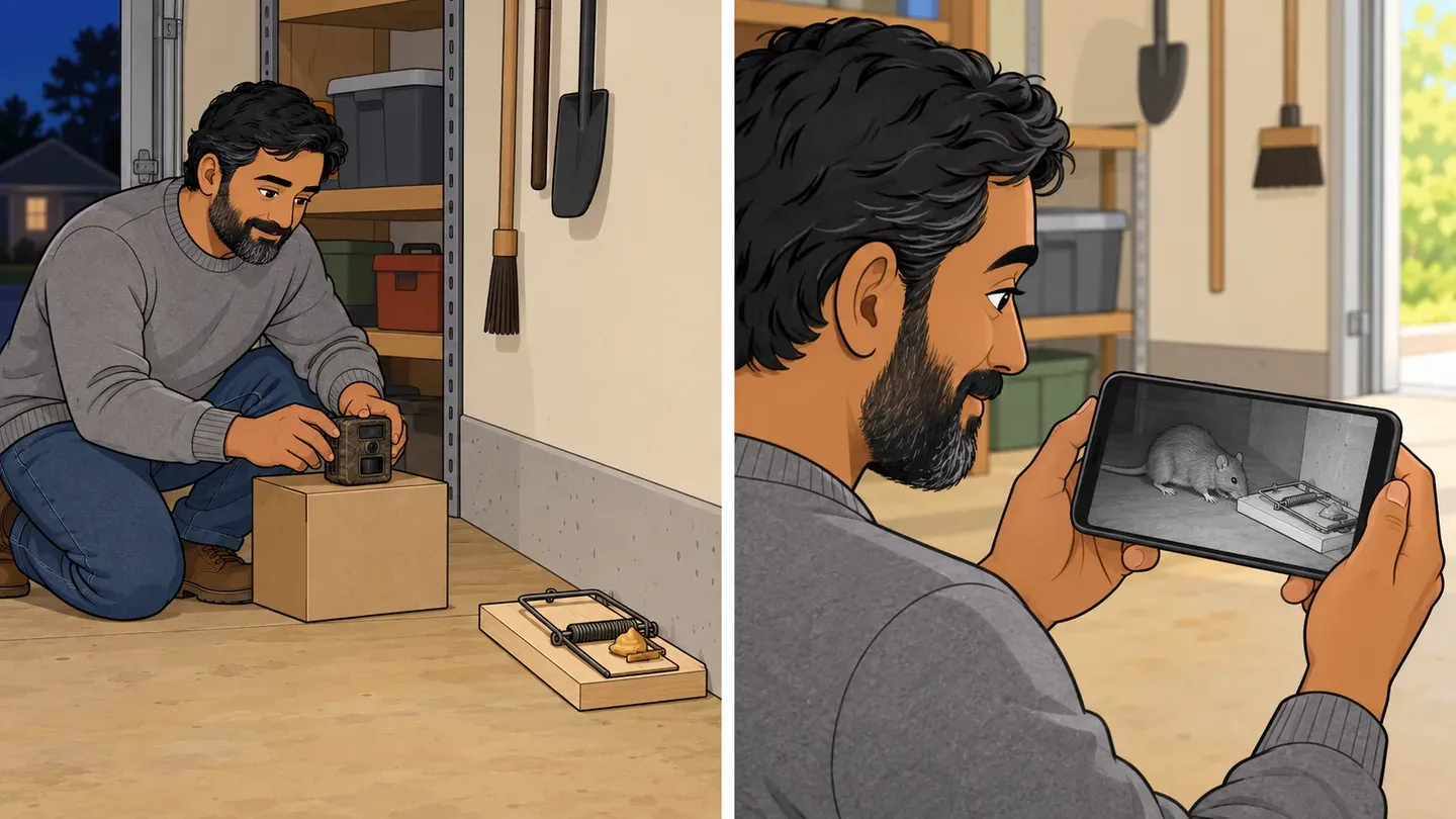 Two panels showing a man monitoring a rat-size snap trap with a trail camera, then reviewing night-vision footage of a rat beside the trap